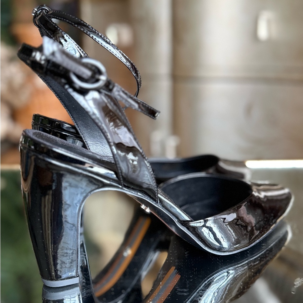 Sam Edelman Black Patent Peep-Toe Slingback Heels - Picture 10 of 12